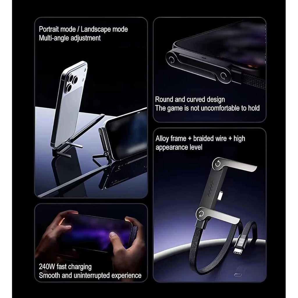 HUPLA 240W USB Type-C Fast Charging Cable with Built-in Foldable Mobile Stand | Braided USB-C to USB-C Charging & Data Cable | Black – 1 Pc