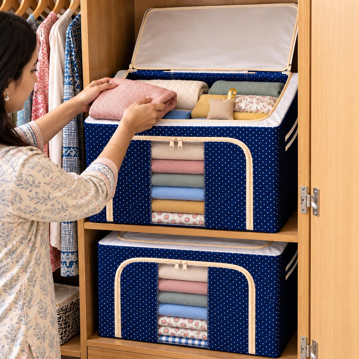 44L Foldable Clothes Storage Bag with Transparent Window – Large Capacity Wardrobe Organizer for Blankets, Bedding, Clothes & Home Storage
