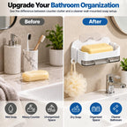 HUPLA Wall Mounted Soap Holder with Side Hook & Water Collection Tray | No-Drill Bathroom Soap Dish Organizer with Transparent Drainage Box | White – 1 Piece