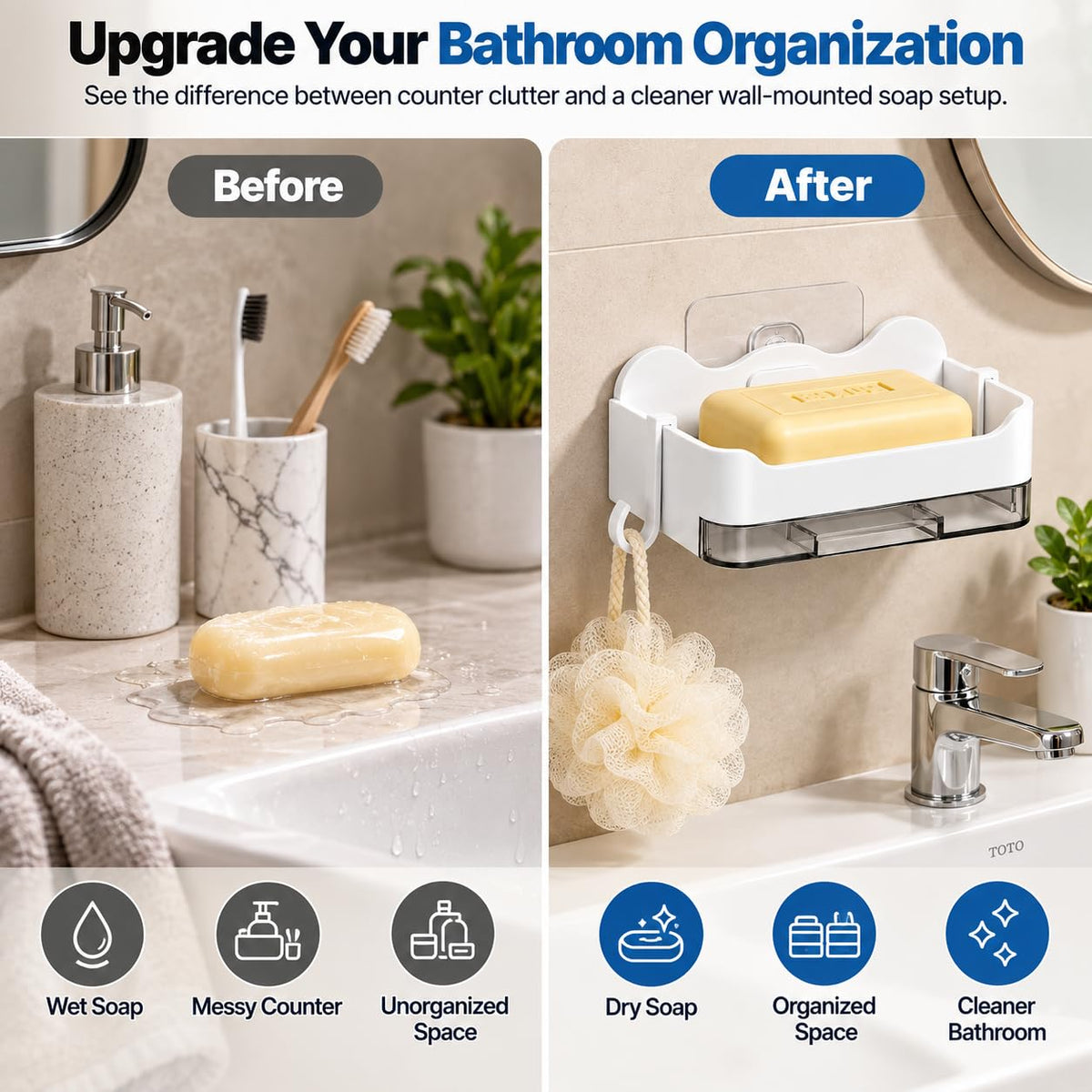 HUPLA Wall Mounted Soap Holder with Side Hook & Water Collection Tray | No-Drill Bathroom Soap Dish Organizer with Transparent Drainage Box | White – 1 Piece
