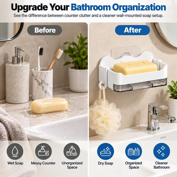 HUPLA Wall Mounted Soap Holder with Side Hook & Water Collection Tray | No-Drill Bathroom Soap Dish Organizer with Transparent Drainage Box | White – 1 Piece