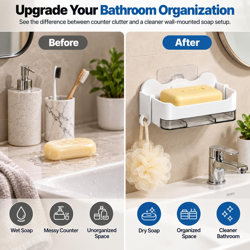 HUPLA Wall Mounted Soap Holder with Side Hook & Water Collection Tray | No-Drill Bathroom Soap Dish Organizer with Transparent Drainage Box | White – 1 Piece