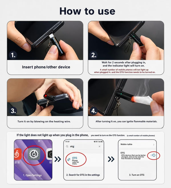 USB-C Instant Heat Cigarette Lighter with Keychain – Phone Powered Flameless Heating Lighter, No Gas, No Refill | 1 Pc