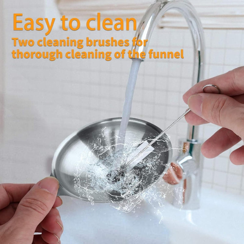HUPLA Stainless Steel Kitchen Funnel Set | 3 Different Size Metal Funnels with Cleaning Brushes & Filter Strainer | Multipurpose Oil, Liquid & Dry Ingredient Transfer Funnels