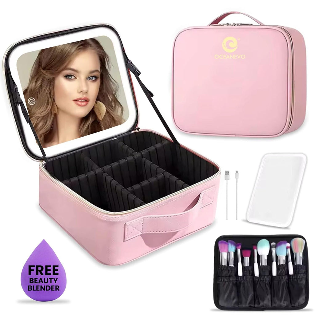 Professional Makeup Organizer Case with LED Mirror | Portable Cosmetic Storage Box with Adjustable Compartments & Brush Holder