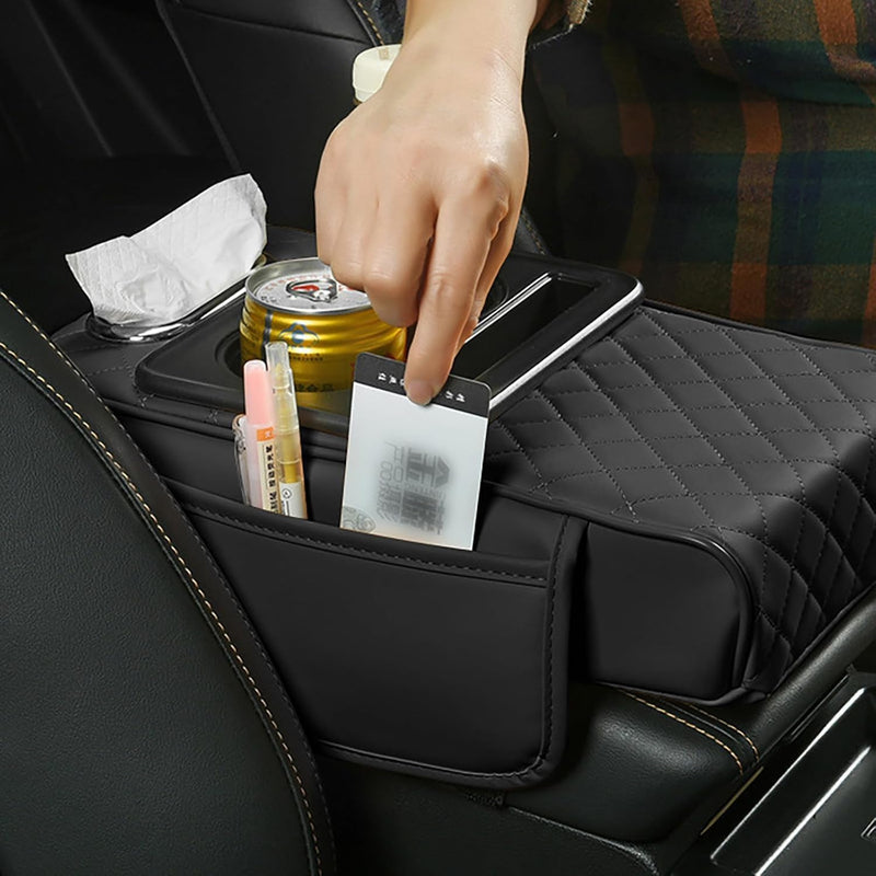 HUPLA Car Seat Organizer with Cup Holder & Tissue Box | PU Leather Back Seat Organizer | Foldable Car Armrest Console | Storage Tray for Car Interior (Black)HUPLA Car Seat Organizer with Cup Holder & Tissue Holder | Premium PU Leather