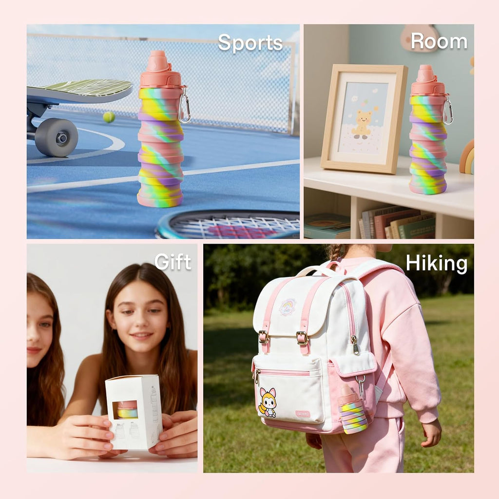 HUPLA Rainbow Collapsible Silicone Water Bottle for Kids | Foldable Reusable Drinking Bottle with Straw Lid & Carrying Clip | Portable Water Bottle for School, Travel & Outdoor Activities – Multicolour