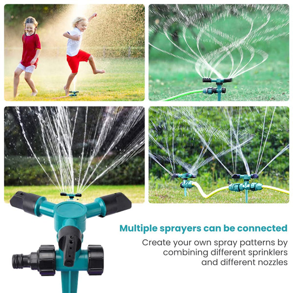 HUPLA 3-Arm Rotating Garden Sprinkler | 360° Lawn Water Sprinkler with Ground Spike for Garden, Plants & Irrigation