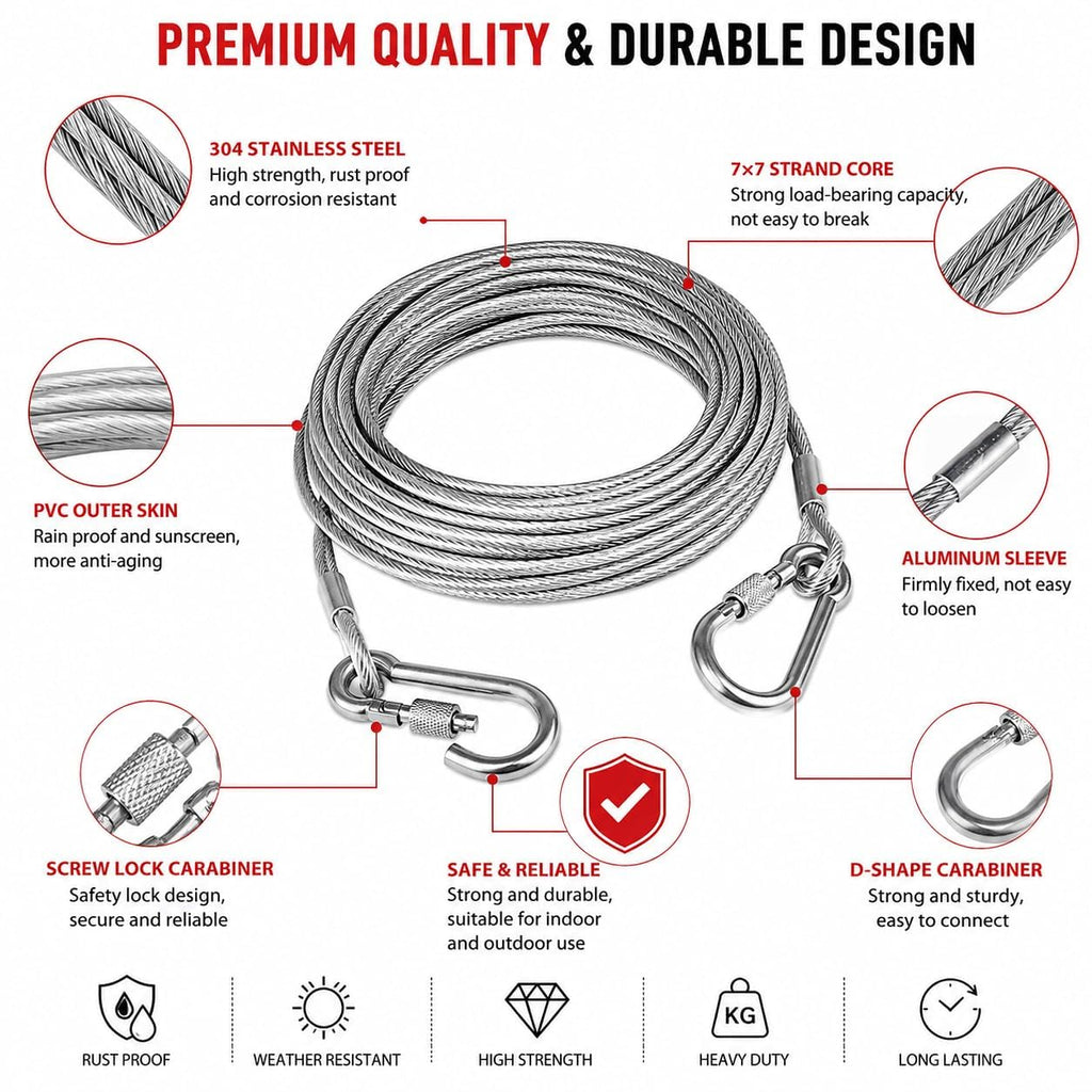 HUPLA 5 Meter Steel Wire Rope Cable with 2 Metal Hooks | Heavy-Duty Looking Braided Wire Cable with Locking Hook | Multipurpose Hanging & Securing Cable – Silver