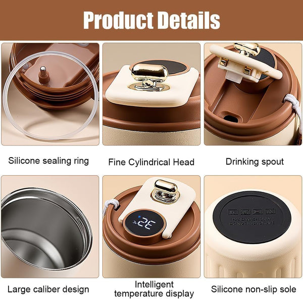 HUPLA Stainless Steel Insulated Coffee Cup with Lid | Portable Hot & Cold Travel Coffee Mug with Carry Strap | Reusable Coffee Tumbler for Office, Home & Travel – White & Brown