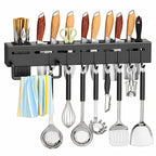 HUPLA Multifunctional Wall Mounted Kitchen Organizer Rack | Knife Holder, Utensil Storage, Hanging Hooks & Towel Bar | Space Saving Kitchen Storage Rack – Black