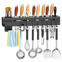 HUPLA Multifunctional Wall Mounted Kitchen Organizer Rack | Knife Holder, Utensil Storage, Hanging Hooks & Towel Bar | Space Saving Kitchen Storage Rack – Black