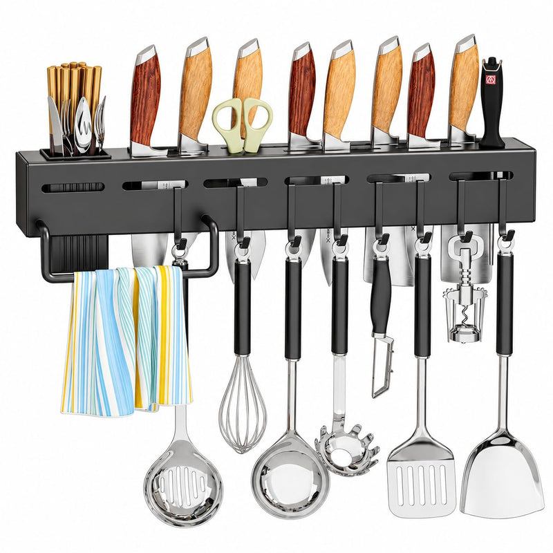 HUPLA Multifunctional Wall Mounted Kitchen Organizer Rack | Knife Holder, Utensil Storage, Hanging Hooks & Towel Bar | Space Saving Kitchen Storage Rack – Black