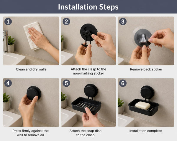 HUPLA Black Wall Mounted Soap Holder with Suction Cup | No-Drill Bathroom Soap Dish with Raised Drainage Base | Space Saving Soap Organizer – 1 Piece
