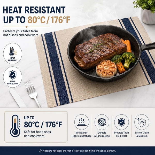 HUPLA Premium Dining Table Placemat 30 × 45 cm | Woven-Style Table Mat with Blue Stripes | Easy-to-Clean Kitchen & Dining Table Mat – Beige & Navy Blue, 1 Pc