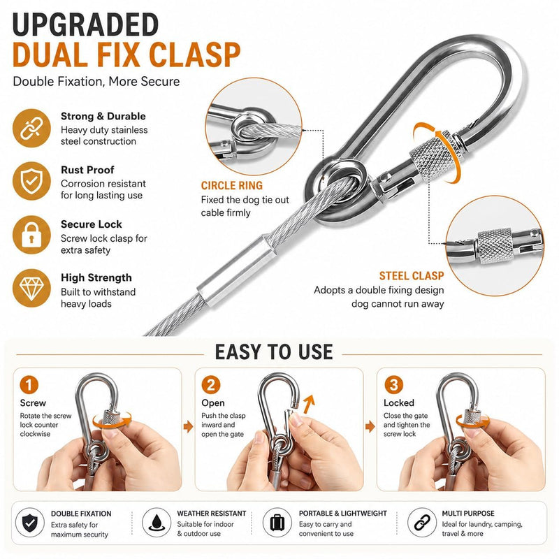 HUPLA 5 Meter Steel Wire Rope Cable with 2 Metal Hooks | Heavy-Duty Looking Braided Wire Cable with Locking Hook | Multipurpose Hanging & Securing Cable – Silver