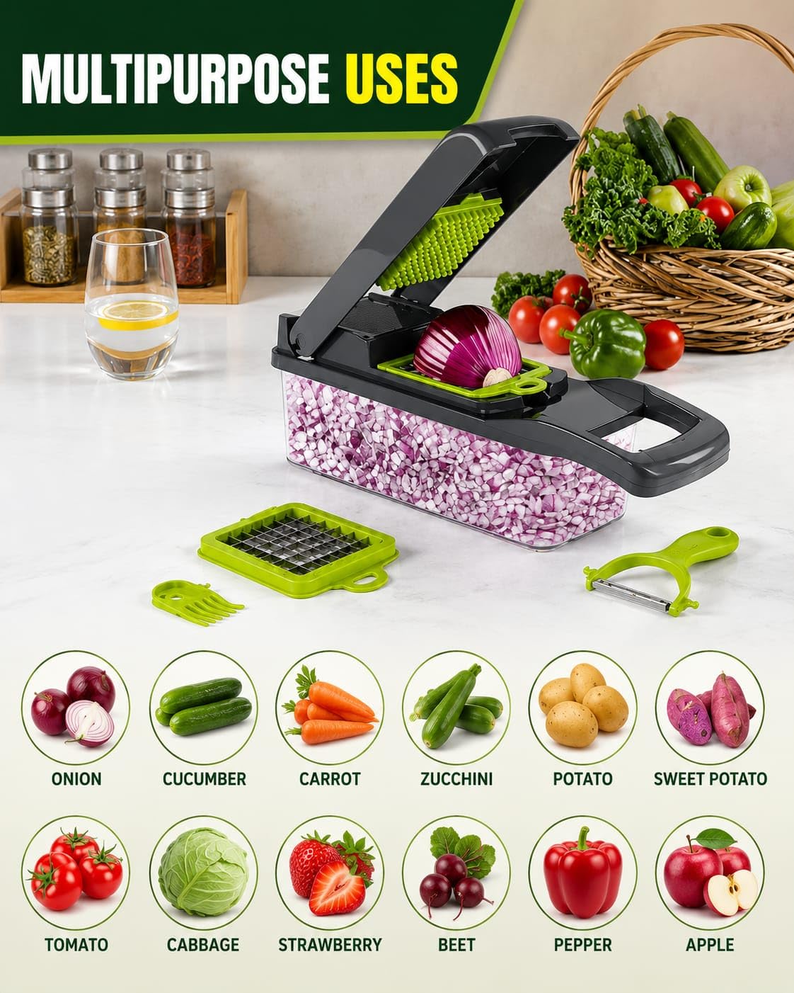 HUPLA 16-in-1 Multifunction Vegetable Chopper & Slicer with Container | Manual Veggie Cutter, Dicer, Grater, Julienne Slicer & Peeler | Kitchen Food Preparation Tool – Black & Green