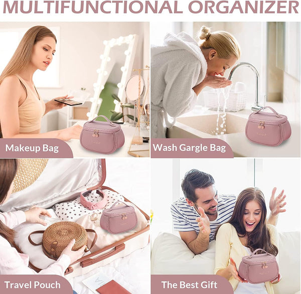 Portable Mini Makeup Organizer Pouch for Women | Large Opening Cosmetic Storage Bag with Brush Holder & Multi Compartments