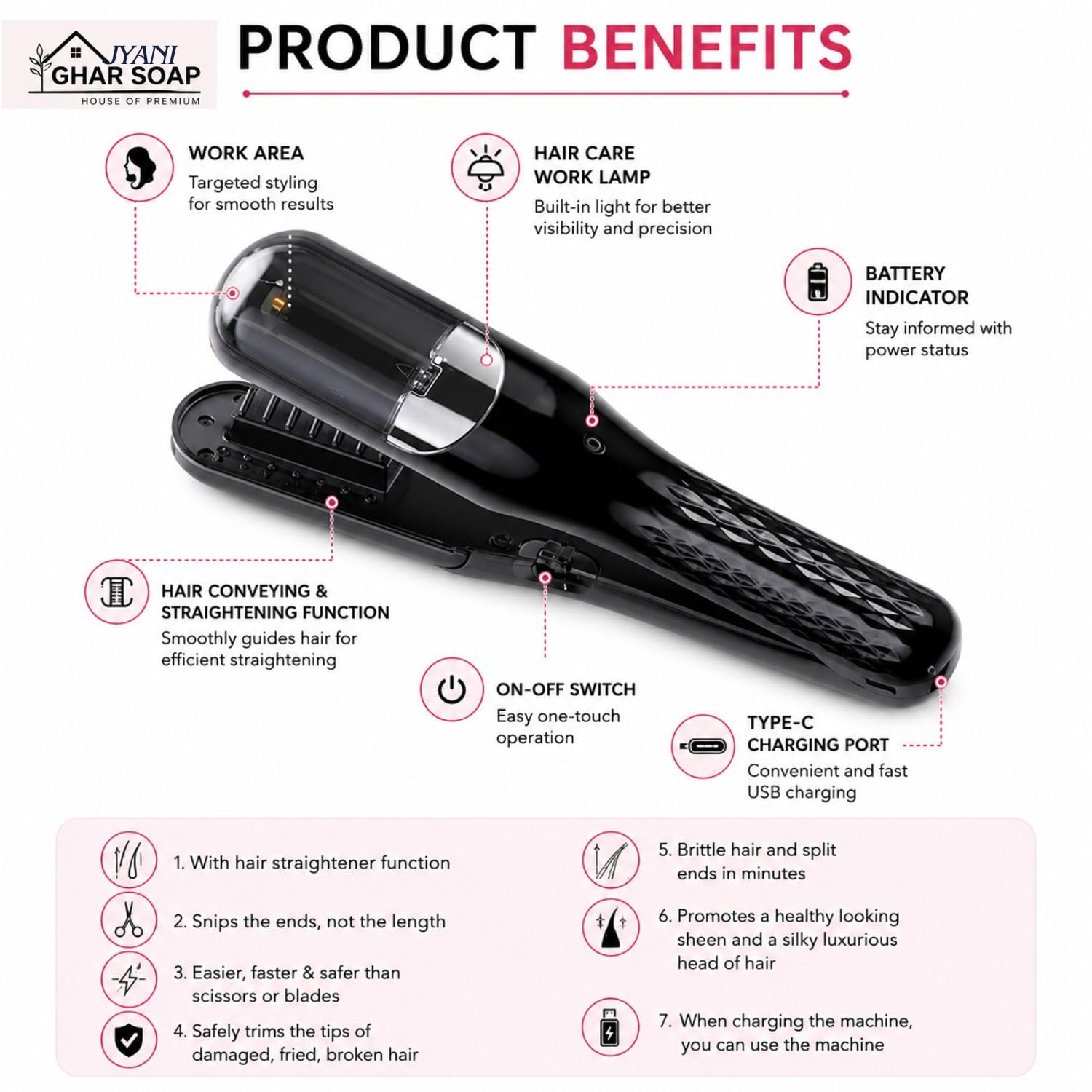 2-in-1 Cordless Split End Hair Trimmer | Rechargeable Hair Trimmer for Removing Split Ends | Portable USB Hair Care Tool for Women