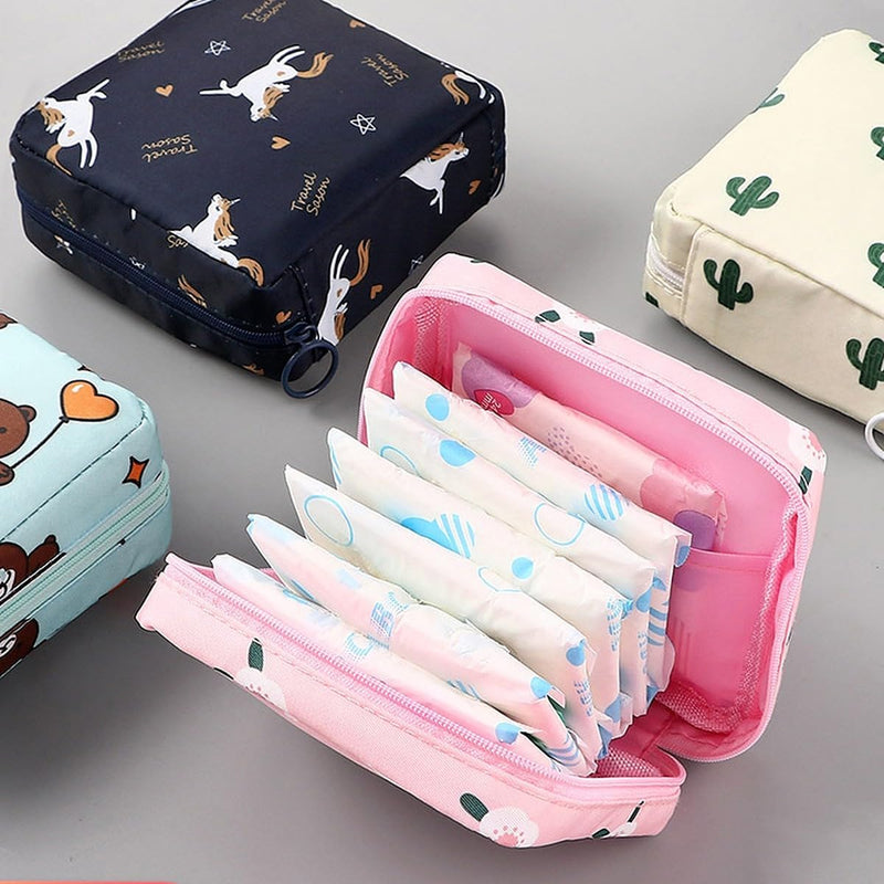 HUPLA Sanitary Napkin Storage Bag for Women & Girls | Portable Waterproof-Style Period Pad Organizer Pouch with Zipper | Floral Print Mini Travel Bag for School, Office & Travel – Multicolour