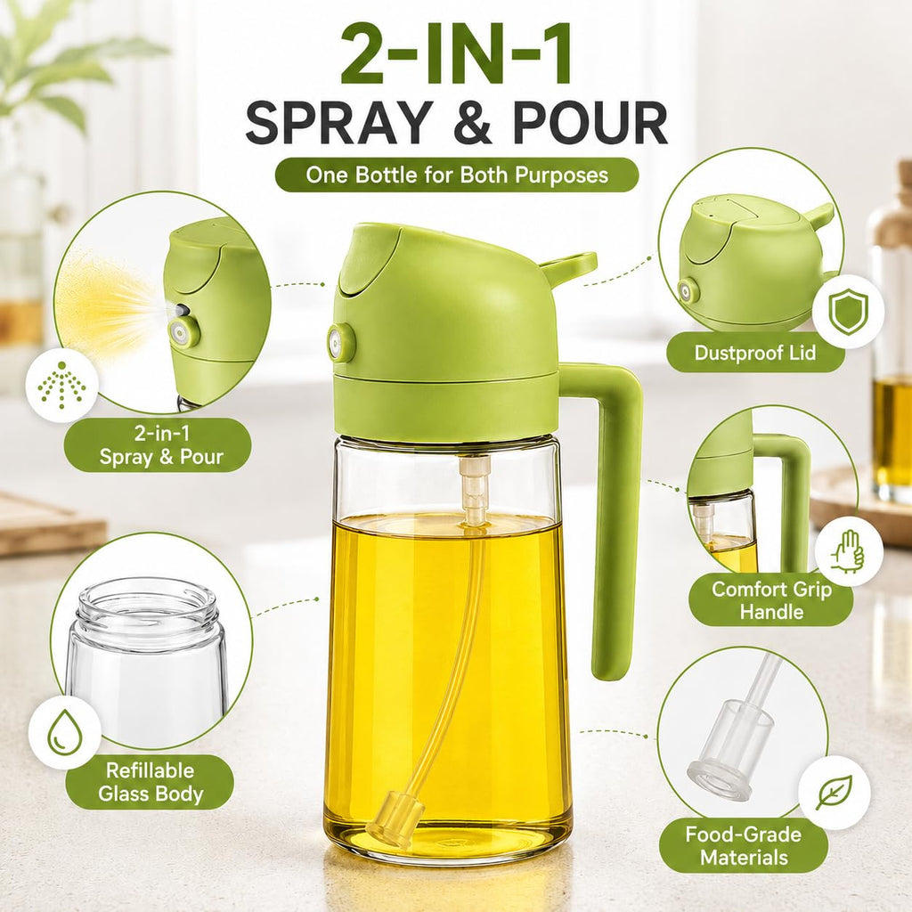 HUPLA 2-in-1 Cooking Oil Sprayer & Dispenser Bottle | Fine Mist Spray & Controlled Pour Oil Container for Air Fryer, Cooking, BBQ & Salad – Green