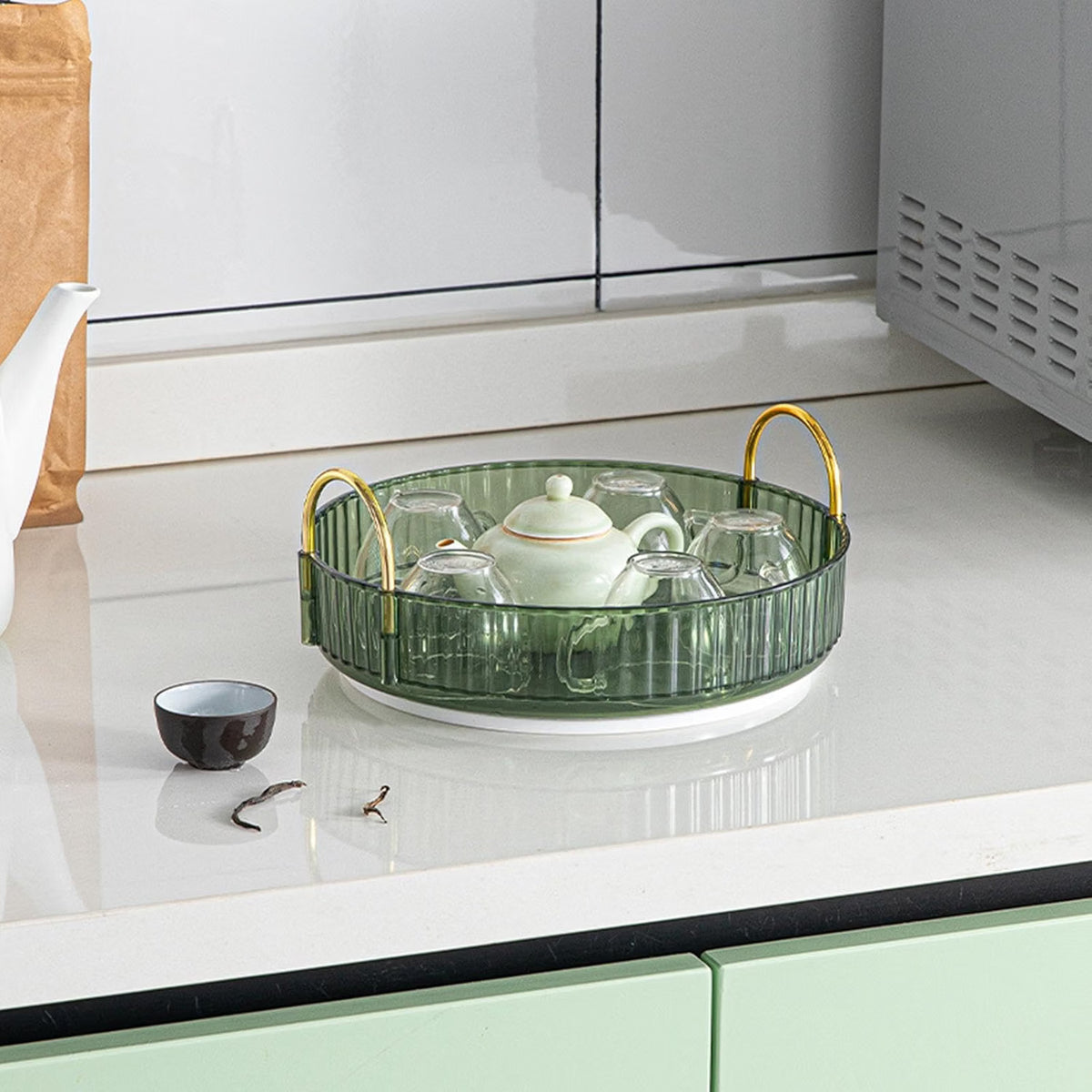 Round Cosmetic & Makeup Organizer Tray with Handles – Elegant Transparent Vanity Storage Tray for Skincare, Perfume & Beauty Essentials