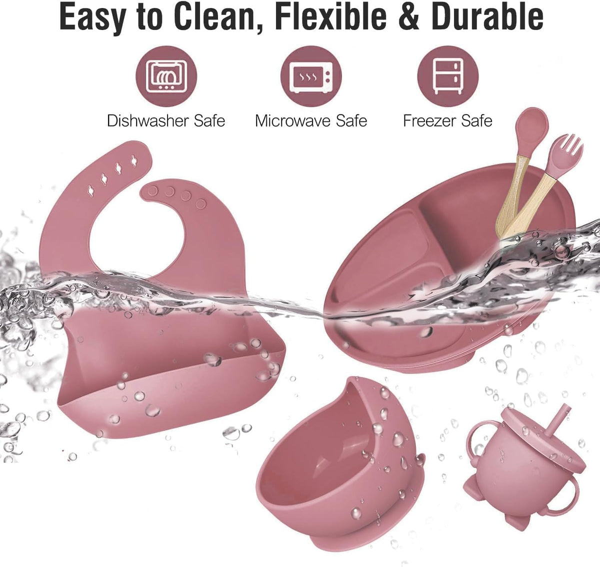HUPLA Silicone Baby Feeding Bib with Food Catcher Pocket | Adjustable Waterproof Baby Bib with 4 Button Closures | Soft, Reusable & Easy to Clean Bib for Infants and Toddlers – Pink