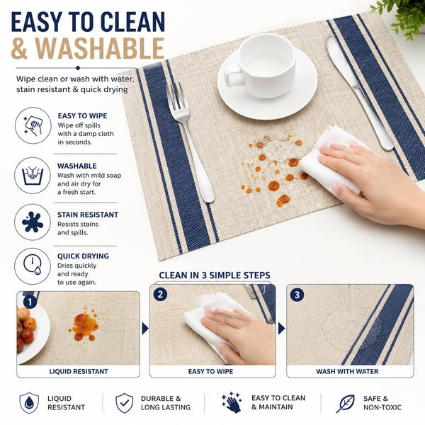 HUPLA Premium Dining Table Placemat 30 × 45 cm | Woven-Style Table Mat with Blue Stripes | Easy-to-Clean Kitchen & Dining Table Mat – Beige & Navy Blue, 1 Pc