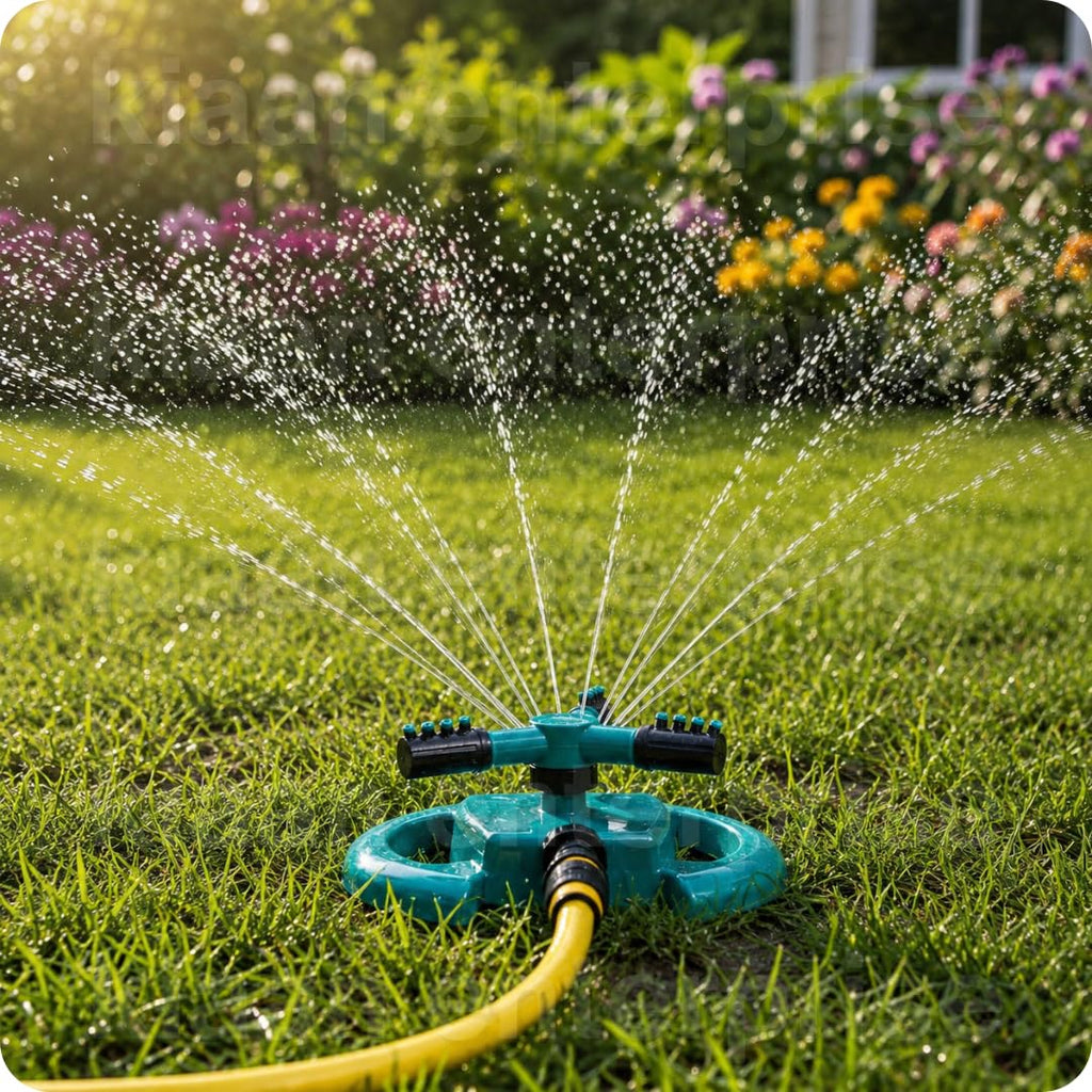 HUPLA 3-Arm Rotating Garden Sprinkler | 360° Lawn Water Sprinkler with Ground Spike for Garden, Plants & Irrigation