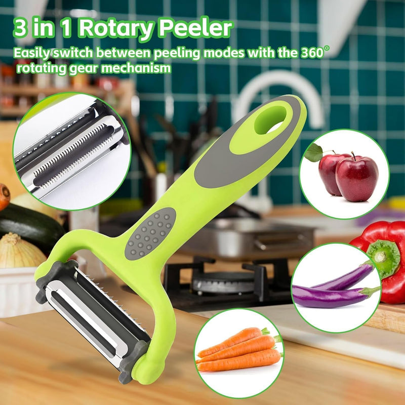 HUPLA 3-in-1 Vegetable Peeler & Julienne Slicer | Multifunction Stainless Steel Blade Peeler for Potato, Carrot, Cucumber & Vegetables | Ergonomic Kitchen Tool – Green
