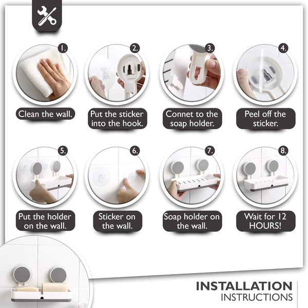 HUPLA Wall Mounted Soap Holder with Drainage | Double Mount No-Drill Style Soap Dish, Bathroom Soap Tray & Space Saving Soap Organizer | White & Grey – 1 Piece