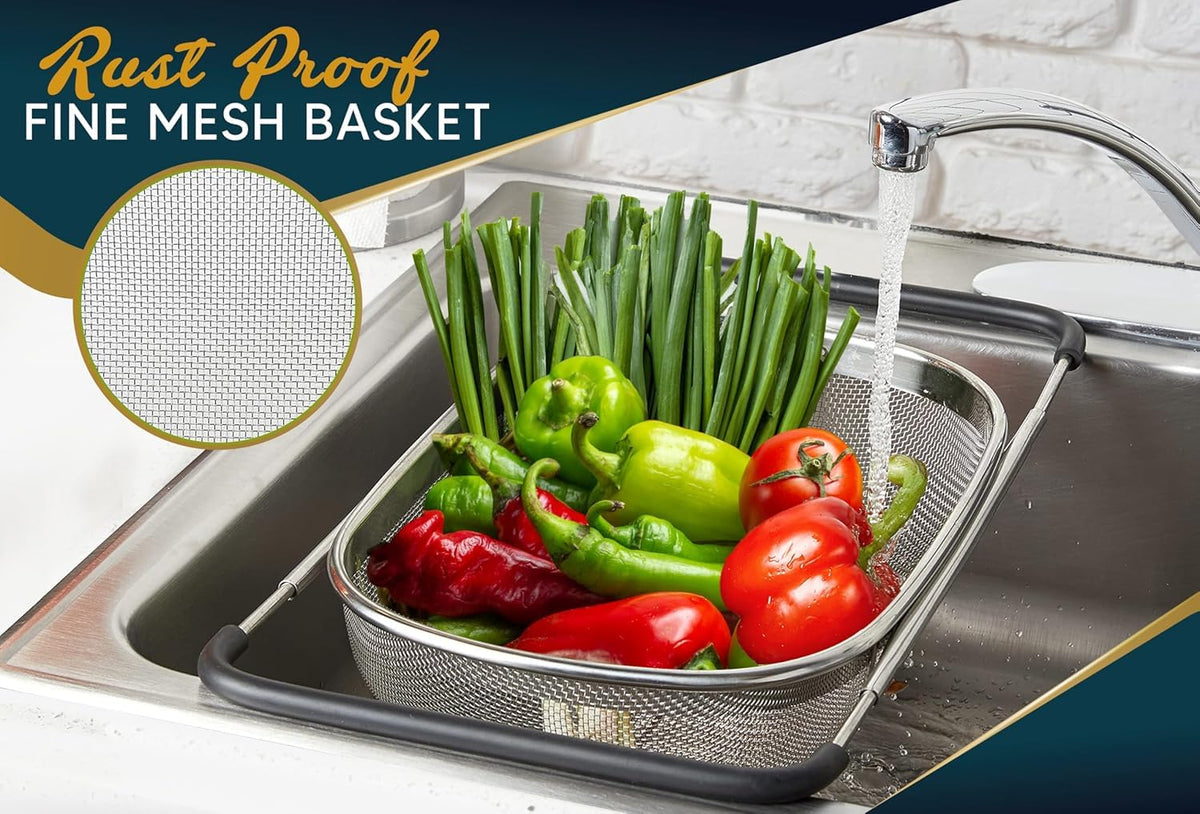 HUPLA Stainless Steel Over Sink Strainer Basket | Expandable Kitchen Sink Colander with Fine Mesh for Washing Fruits, Vegetables & Draining Pasta