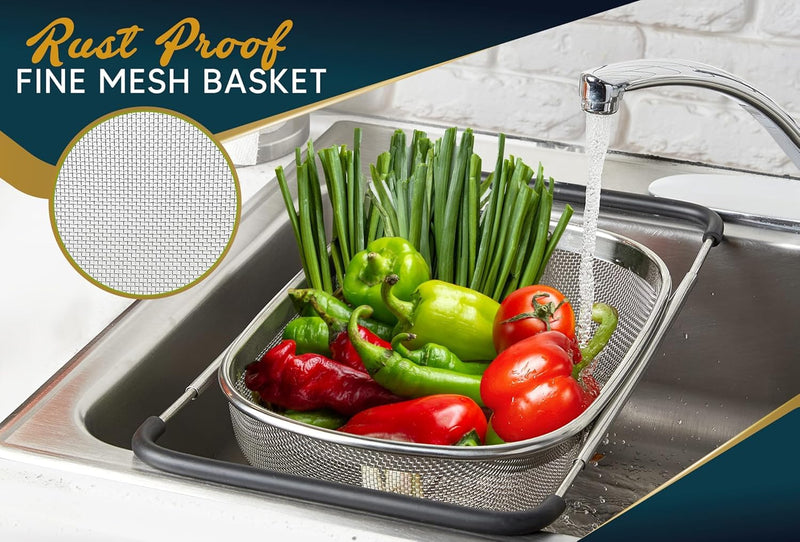 HUPLA Stainless Steel Over Sink Strainer Basket | Expandable Kitchen Sink Colander with Fine Mesh for Washing Fruits, Vegetables & Draining Pasta