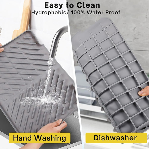 HUPLA Kitchen Sink Draining Mat with Water Drain Spout | Large Dish Drying Mat for Plates, Cups, Glasses & Utensils | Countertop Water Drainage Mat – Grey