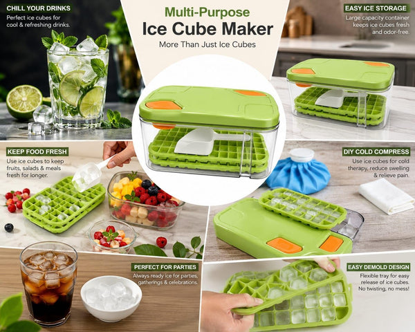 HUPLA Ice Cube Maker Box with Lid & Storage Container | Stackable Ice Cube Trays with Ice Scoop | Reusable Freezer Ice Storage Organizer for Home, Kitchen & Parties – Green