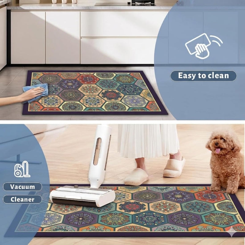 HUPLA Multicolour Printed Kitchen Floor Mat & Runner | Decorative Geometric Mandala Design Kitchen Rug for Sink, Countertop & Home Entrance | Rectangular Floor Mat