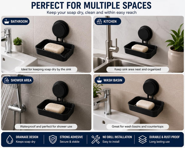 HUPLA Black Wall Mounted Soap Holder with Suction Cup | No-Drill Bathroom Soap Dish with Raised Drainage Base | Space Saving Soap Organizer – 1 Piece