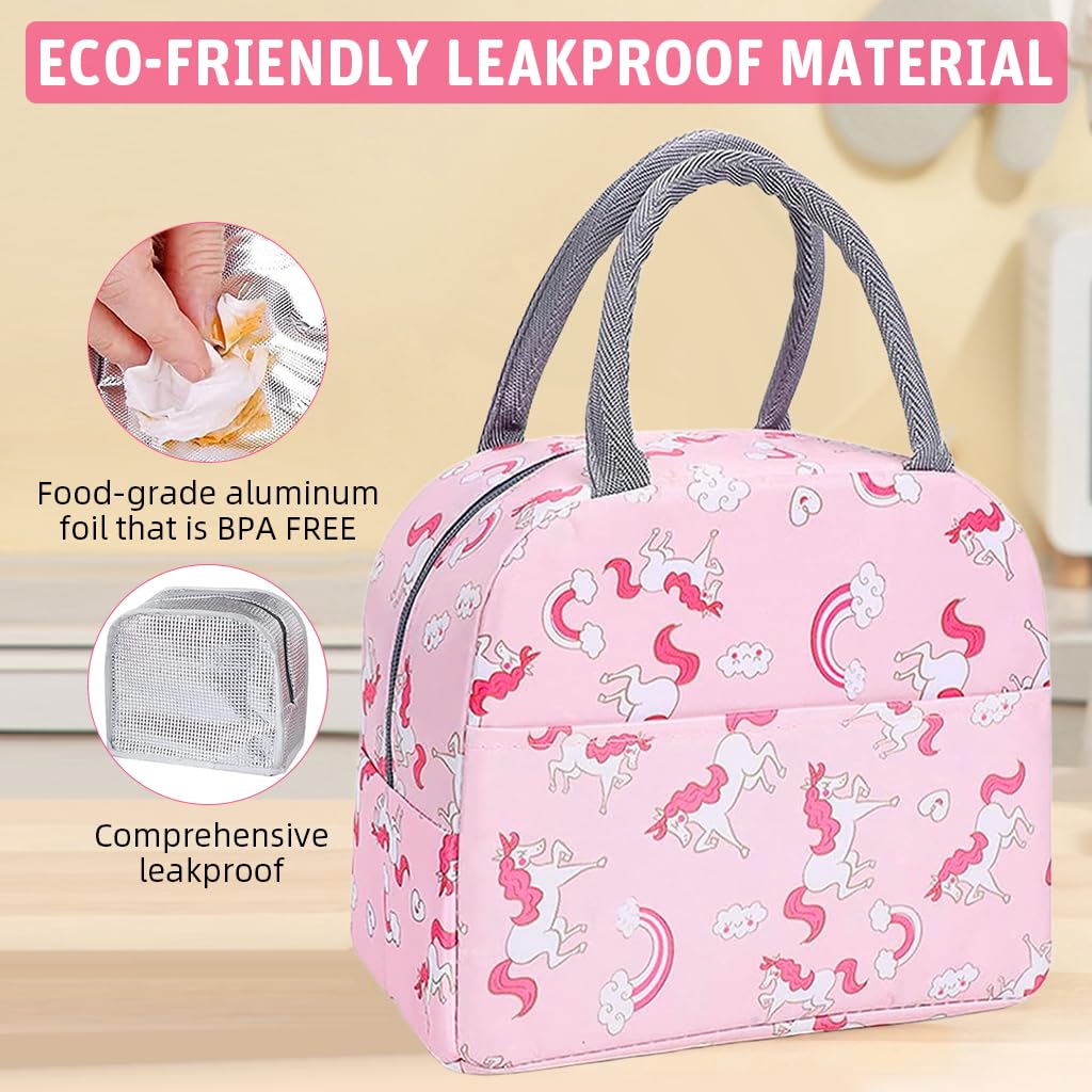 Insulated Lunch Bag for School, Office & Travel – Pink Unicorn Print