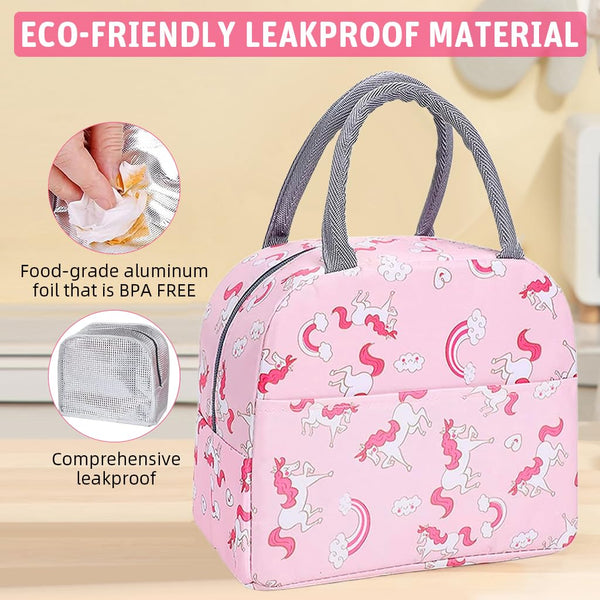 Insulated Lunch Bag for School, Office & Travel – Pink Unicorn Print