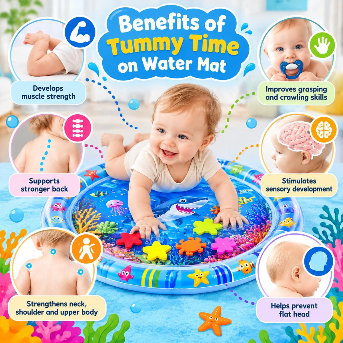 HUPLA Inflatable Baby Tummy Time Water Play Mat | Sensory Activity Mat with Floating Sea Animals for Infants | Blue