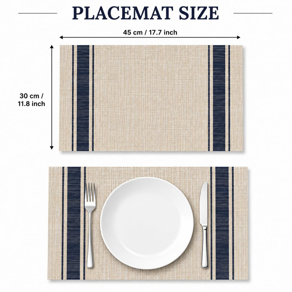 HUPLA Premium Dining Table Placemat 30 × 45 cm | Woven-Style Table Mat with Blue Stripes | Easy-to-Clean Kitchen & Dining Table Mat – Beige & Navy Blue, 1 Pc