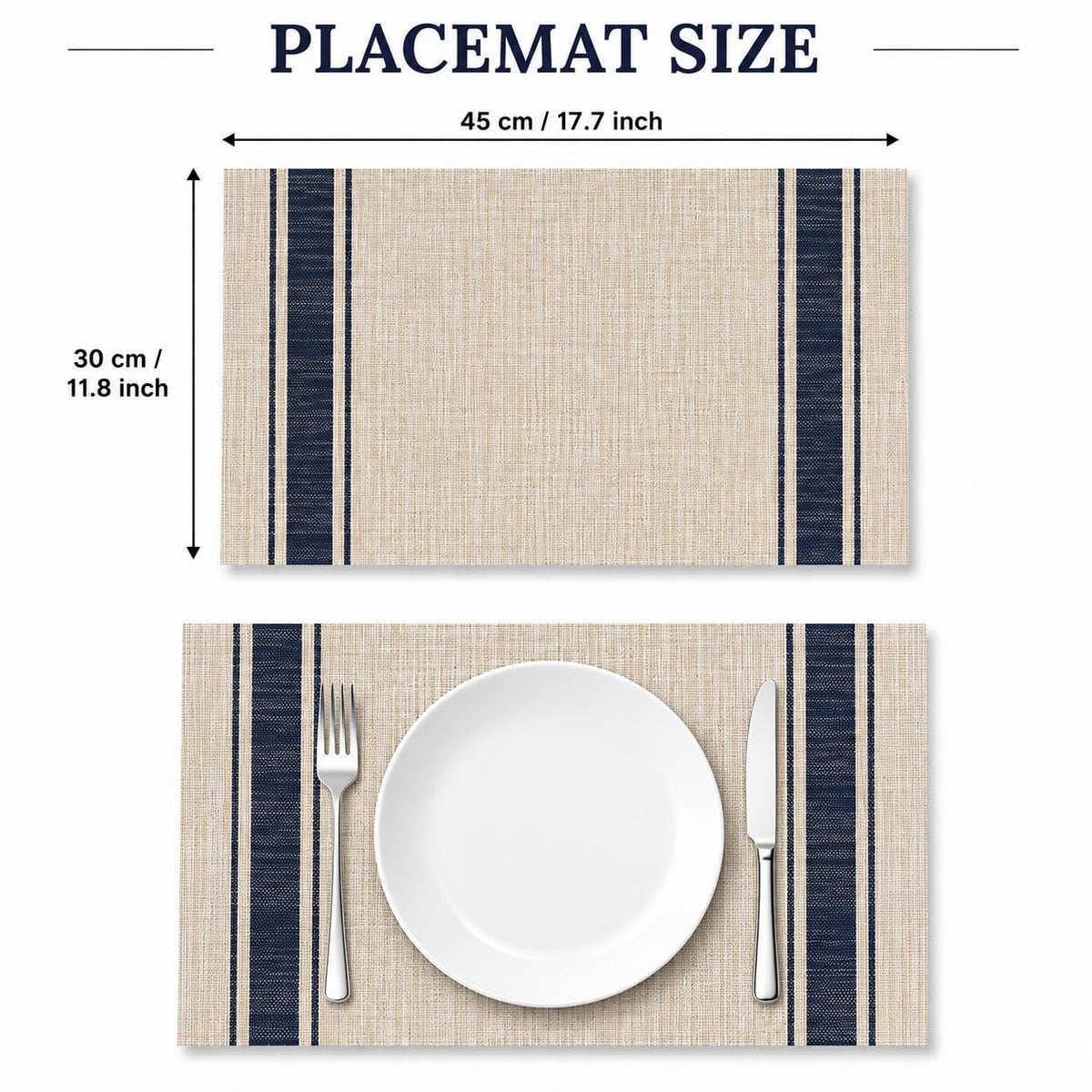 HUPLA Premium Dining Table Placemat 30 × 45 cm | Woven-Style Table Mat with Blue Stripes | Easy-to-Clean Kitchen & Dining Table Mat – Beige & Navy Blue, 1 Pc