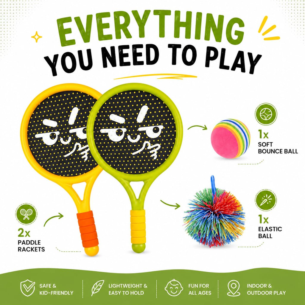 HUPLA Kids Paddle Ball Racket Set with 2 Rackets & 2 Balls | Lightweight Outdoor & Indoor Catch Ball Game | Fun Sports Activity Toy for Children – 4 Pcs Set