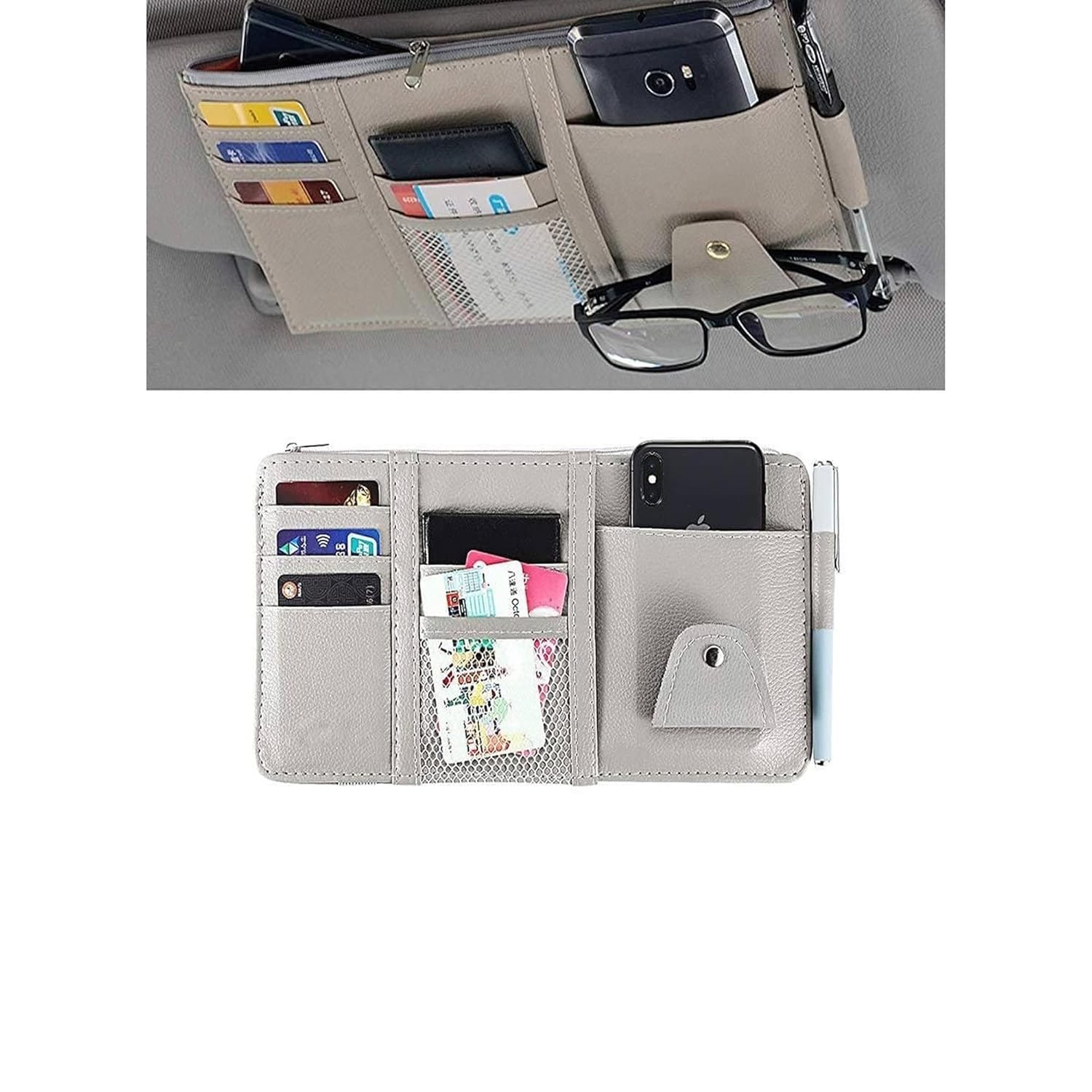 HUPLA Premium Car Sun Visor Organizer | PU Leather Auto Document Holder | Multi-Pocket Car Storage Organizer for Cards, Phone, Glasses, Pen & Documents | Universal Car Interior Accessory | Beige HUPLA Premium Car Sun Visor Organizer