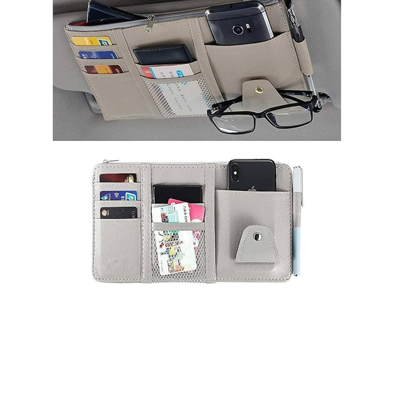 HUPLA Premium Car Sun Visor Organizer | PU Leather Auto Document Holder | Multi-Pocket Car Storage Organizer for Cards, Phone, Glasses, Pen & Documents | Universal Car Interior Accessory | Beige HUPLA Premium Car Sun Visor Organizer