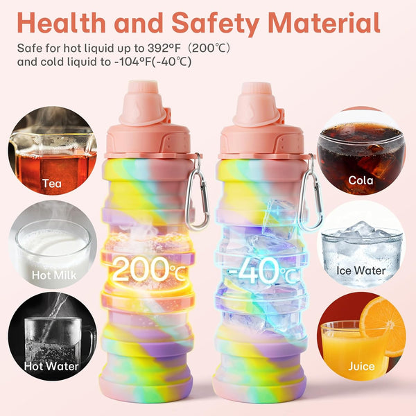 HUPLA Rainbow Collapsible Silicone Water Bottle for Kids | Foldable Reusable Drinking Bottle with Straw Lid & Carrying Clip | Portable Water Bottle for School, Travel & Outdoor Activities – Multicolour