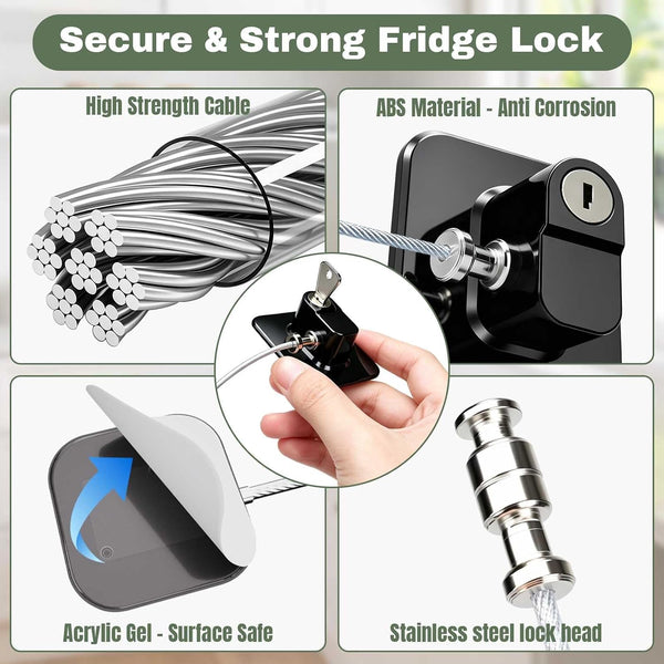 HUPLA Refrigerator Door Lock with Key | Adhesive Fridge Safety Lock with Stainless Steel Cable | No-Drill Security Lock for Refrigerator, Freezer, Cabinet & Drawer – Black