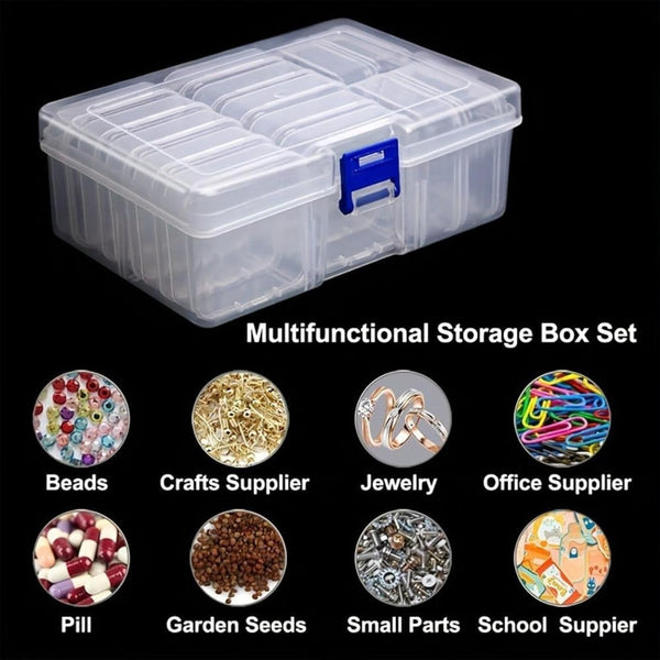 HUPLA Transparent Multipurpose Storage Organizer Box with Lid & Mini Containers | Plastic Compartment Storage Case for Jewellery, Beads, Sewing Accessories & Small Items | Blue Locking Clip