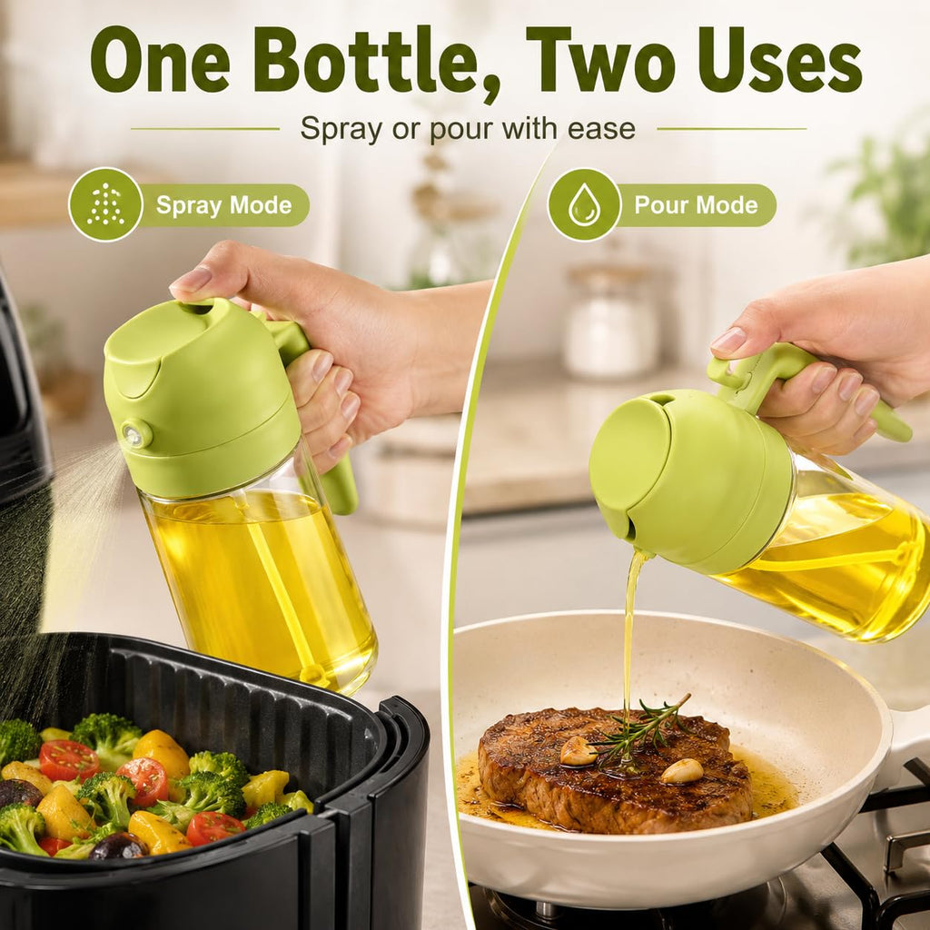 HUPLA 2-in-1 Cooking Oil Sprayer & Dispenser Bottle | Fine Mist Spray & Controlled Pour Oil Container for Air Fryer, Cooking, BBQ & Salad – Green
