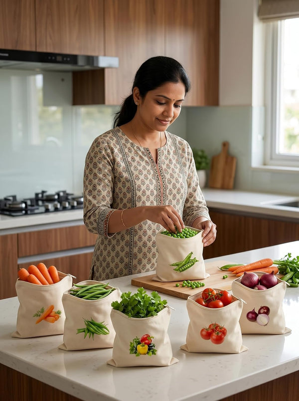 HUPLA Reusable Vegetable & Fruit Storage Bags with Drawstring | Breathable Fabric Kitchen Storage Pouches for Onion, Potato, Tomato & Fresh Produce | Washable Grocery Organizer Bags – Beige